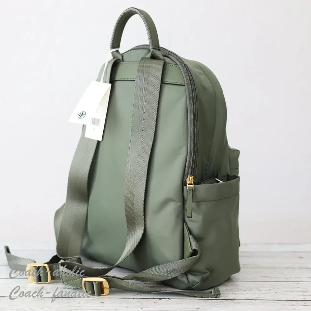 NWT Tory Burch Ella Logo Dual Zip Compartment Nylon Backpack in Palm Leaf - Picture 9 of 11